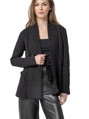 Komil Black 100% Cotton Textured/Waffle Open-Front Cardigan w/ Shawl Collar - L